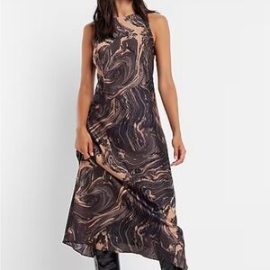Marbled Abstract Satin Midi Dress Brown Black Bias Cut Slip Dress